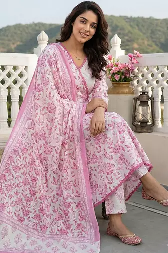 pink and white pure cotton anarkali angrakha kurta set