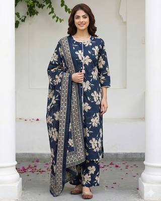 blue and beige pure cotton straight regular kurta set 1