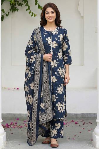 Anouk blue and beige pure cotton straight regular kurta set