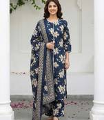 Anouk blue and beige pure cotton straight regular kurta set
