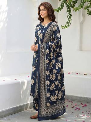 blue and beige pure cotton straight regular kurta set 2