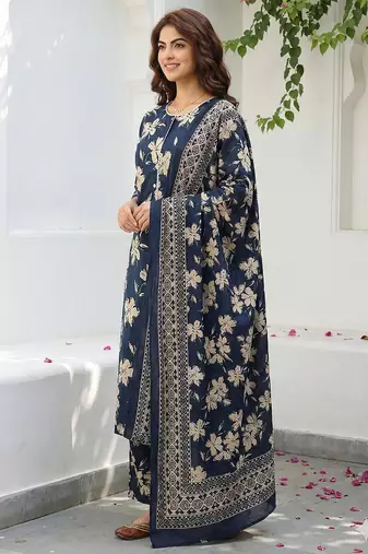 blue and beige pure cotton straight regular kurta set
