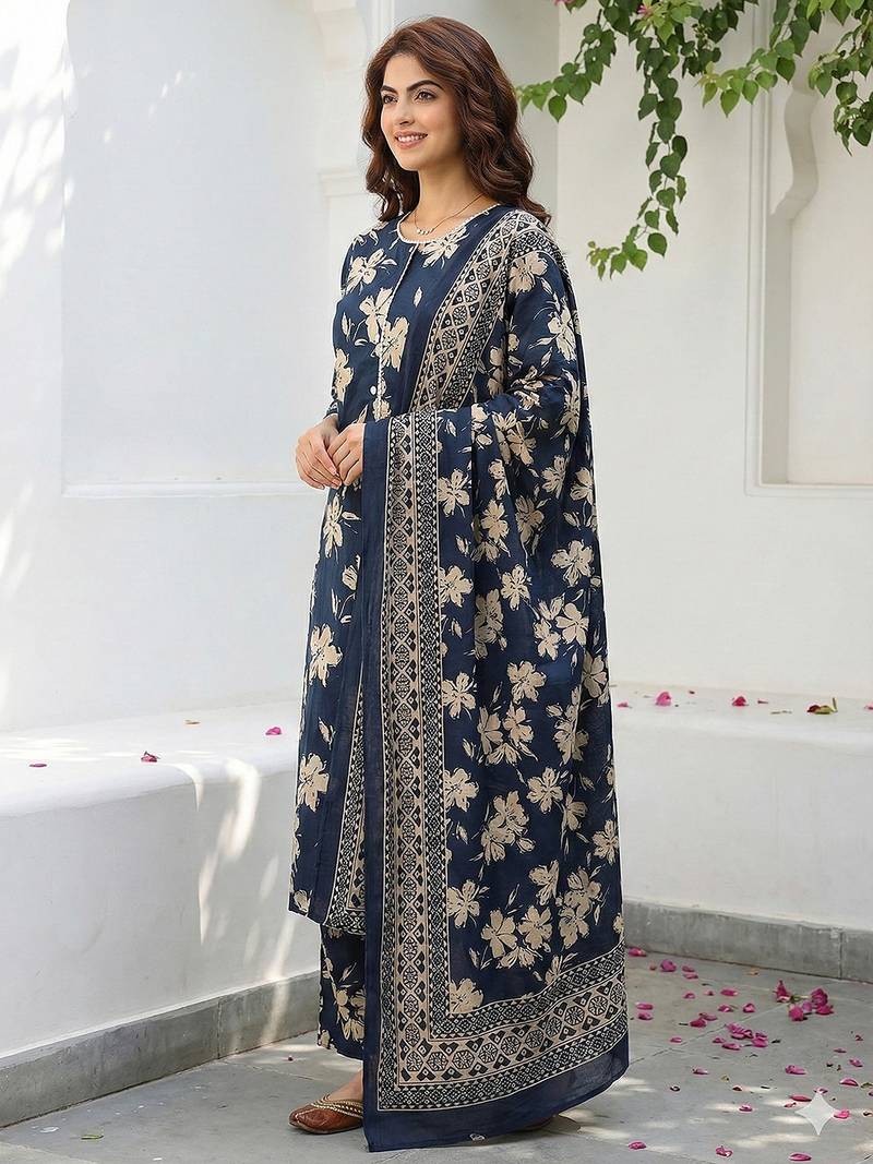 Anouk blue and beige pure cotton straight regular kurta set