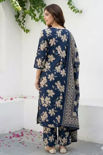blue and beige pure cotton straight regular kurta set