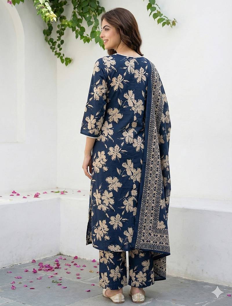 Anouk blue and beige pure cotton straight regular kurta set