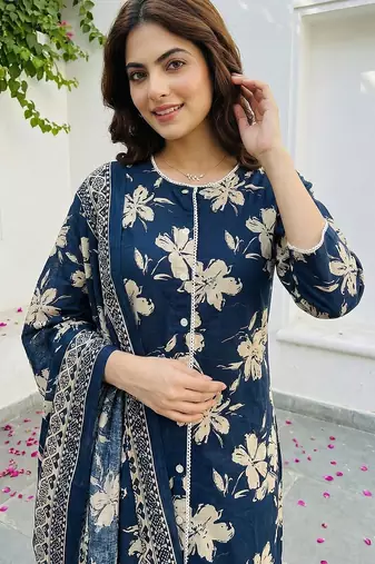 blue and beige pure cotton straight regular kurta set