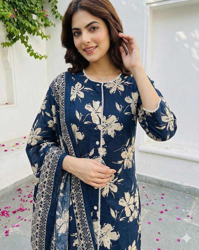 Anouk blue and beige pure cotton straight regular kurta set