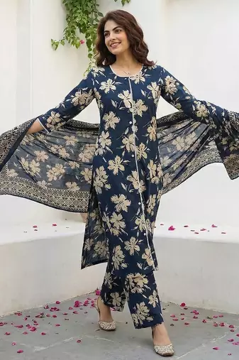 blue and beige pure cotton straight regular kurta set
