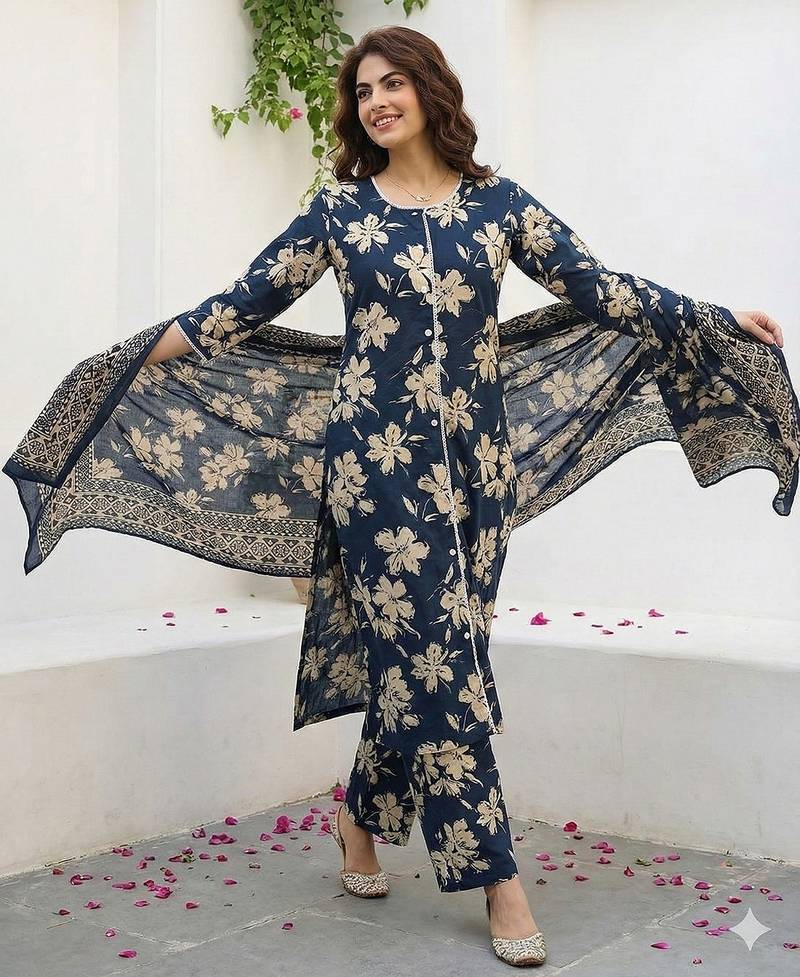 Anouk blue and beige pure cotton straight regular kurta set