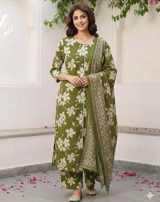olive green and beige pure cotton straight regular kurta set 1