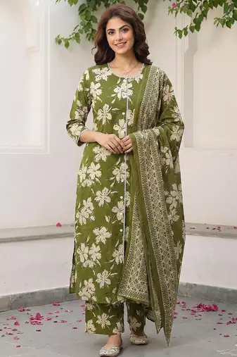 Anouk olive green and beige pure cotton straight regular kurta set