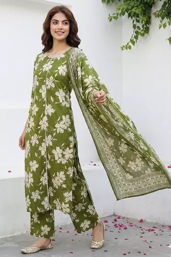 olive green and beige pure cotton straight regular kurta set
