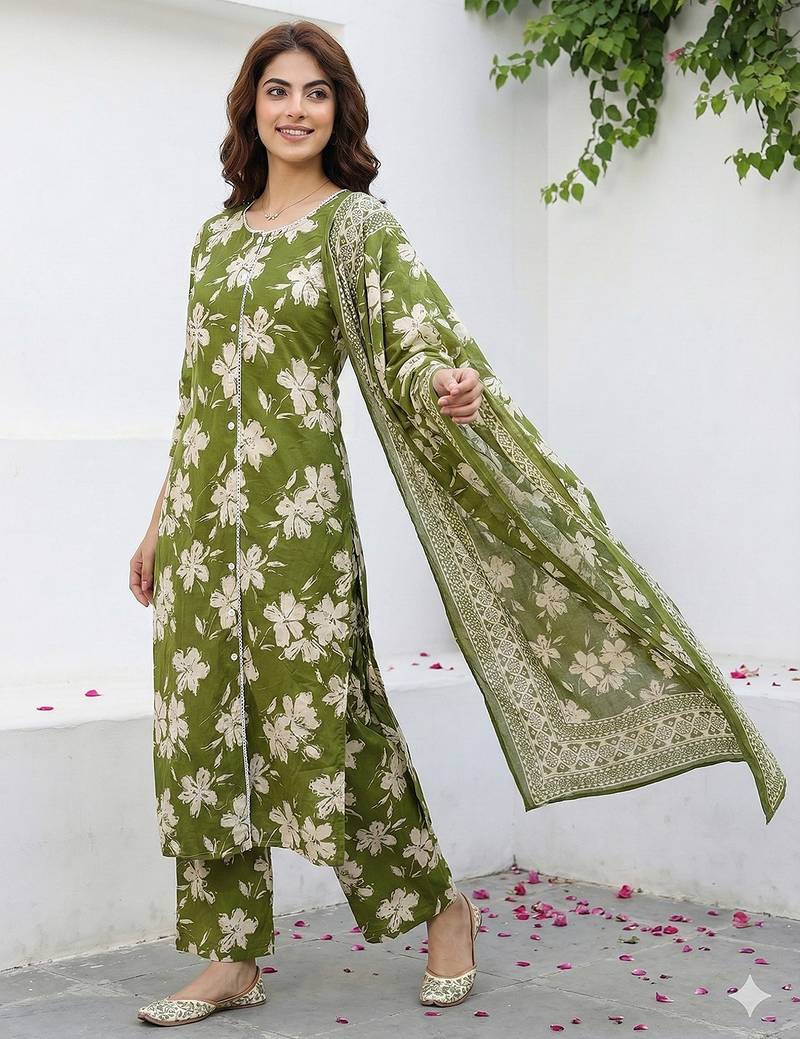 Anouk olive green and beige pure cotton straight regular kurta set