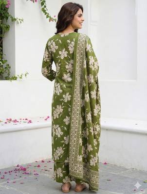olive green and beige pure cotton straight regular kurta set 3