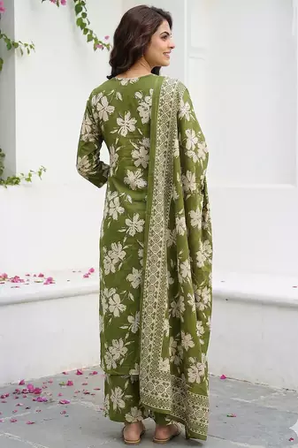 olive green and beige pure cotton straight regular kurta set