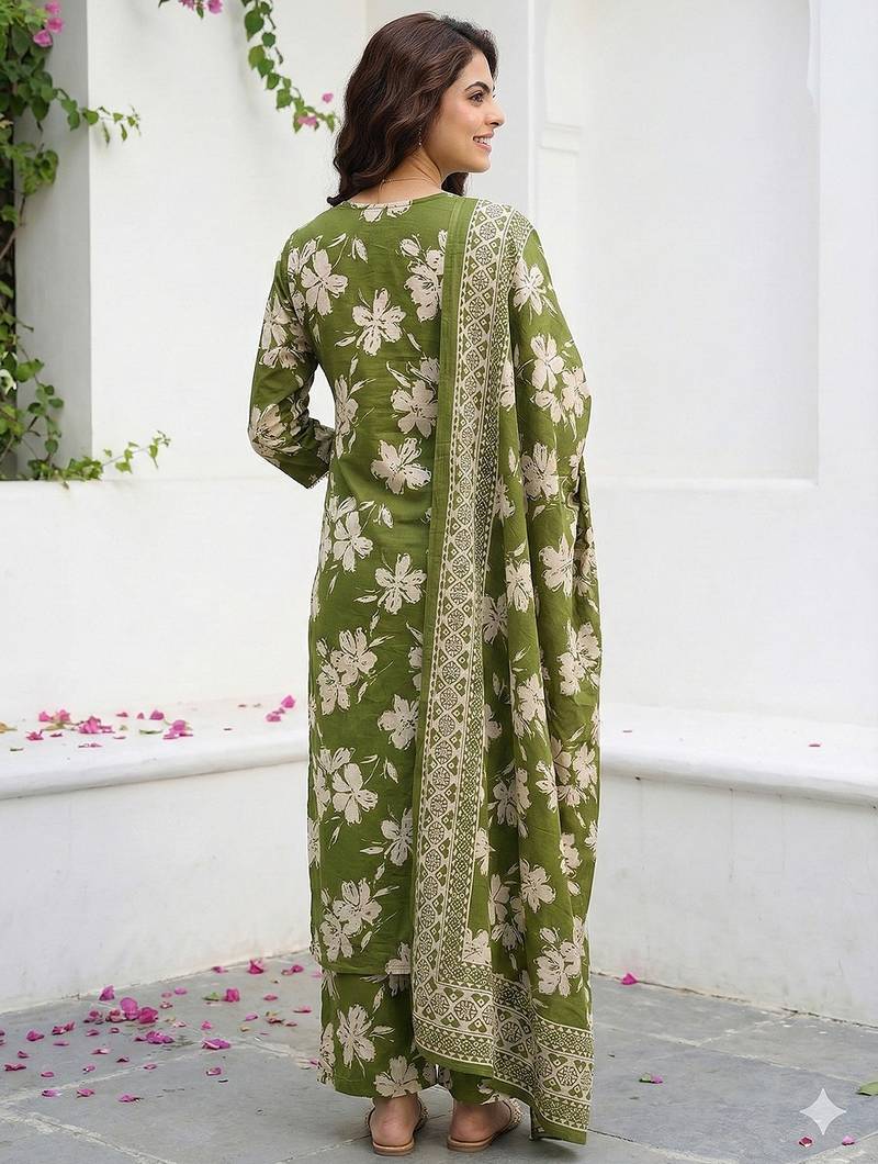 Anouk olive green and beige pure cotton straight regular kurta set