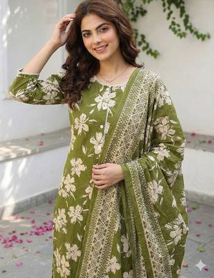 olive green and beige pure cotton straight regular kurta set 4