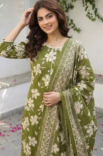 olive green and beige pure cotton straight regular kurta set