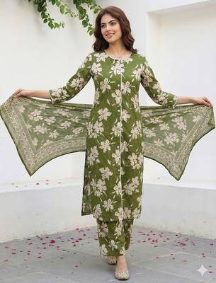 olive green and beige pure cotton straight regular kurta set 5