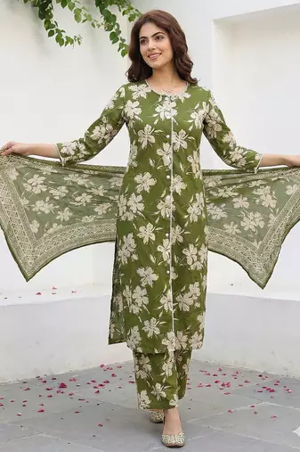 olive green and beige pure cotton straight regular kurta set