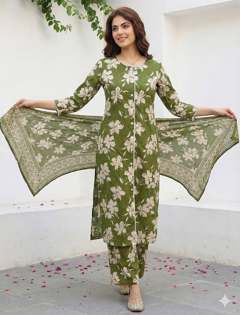 Anouk olive green and beige pure cotton straight regular kurta set