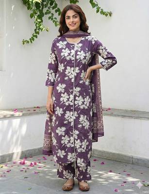 purple and beige pure cotton straight regular kurta set 1