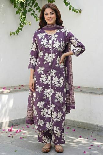 Anouk purple and beige pure cotton straight regular kurta set