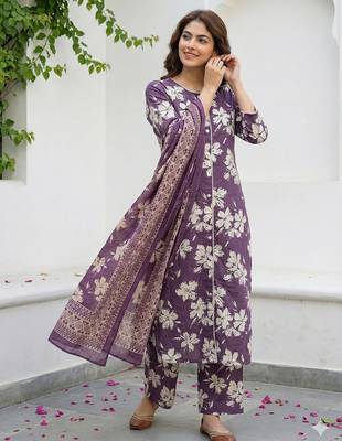 purple and beige pure cotton straight regular kurta set 2