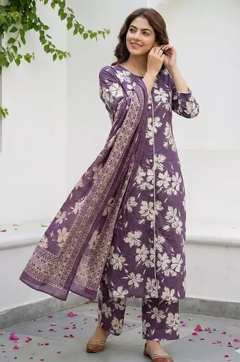 purple and beige pure cotton straight regular kurta set