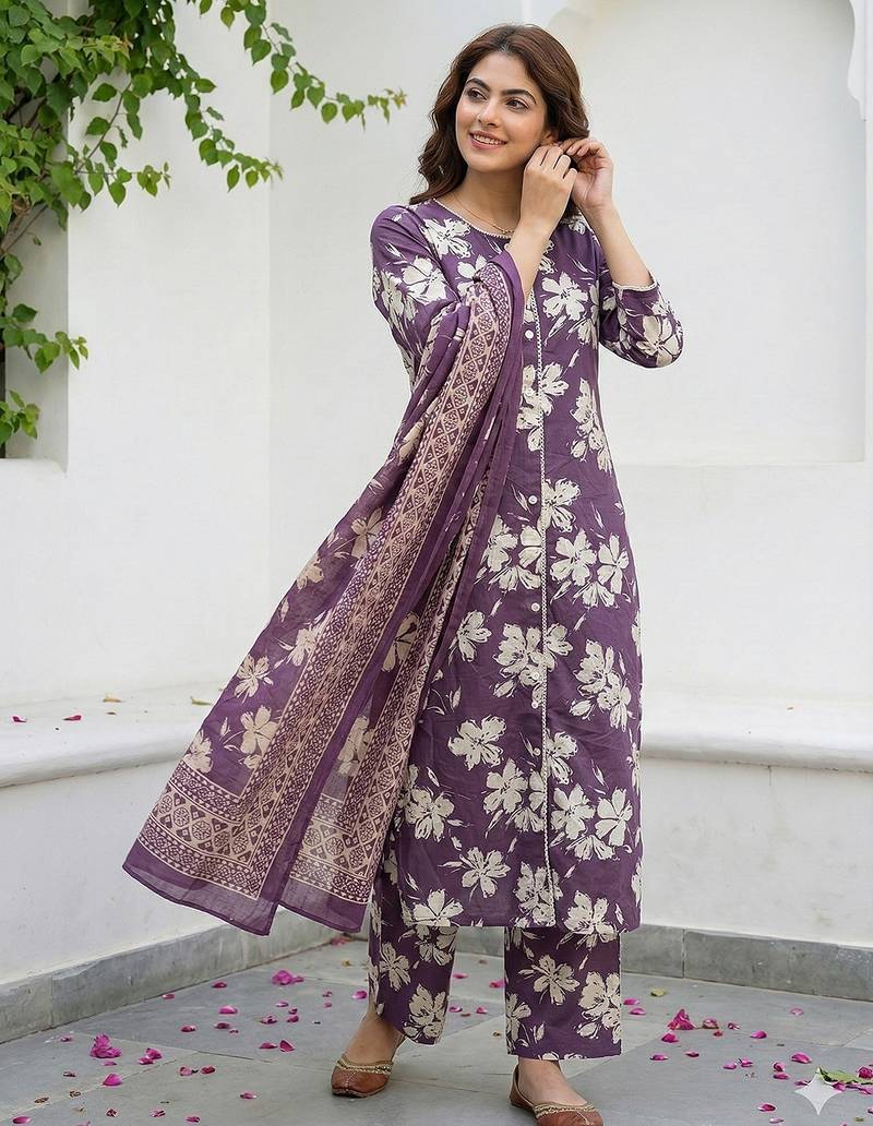Anouk purple and beige pure cotton straight regular kurta set