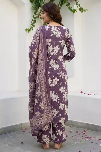 purple and beige pure cotton straight regular kurta set