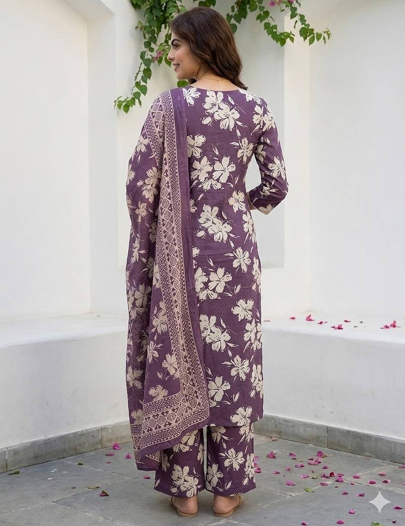 Anouk purple and beige pure cotton straight regular kurta set