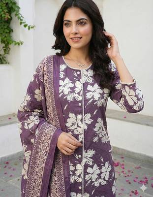 purple and beige pure cotton straight regular kurta set 4