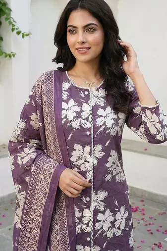 purple and beige pure cotton straight regular kurta set