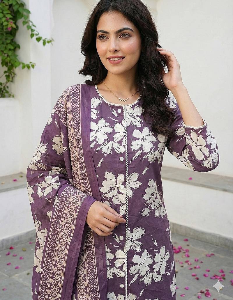 Anouk purple and beige pure cotton straight regular kurta set