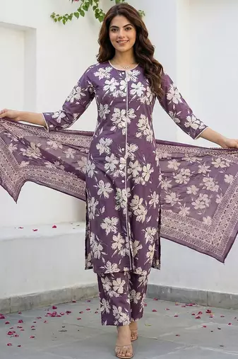 purple and beige pure cotton straight regular kurta set