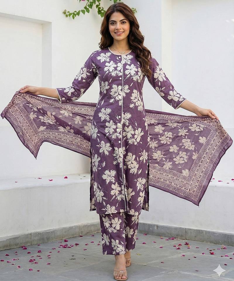 Anouk purple and beige pure cotton straight regular kurta set