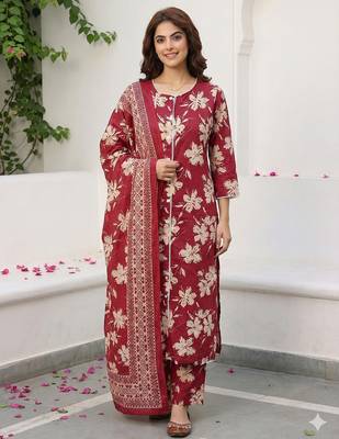 red and beige pure cotton straight regular kurta set 1