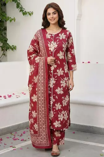 Anouk red and beige pure cotton straight regular kurta set