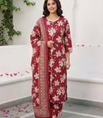 Anouk red and beige pure cotton straight regular kurta set