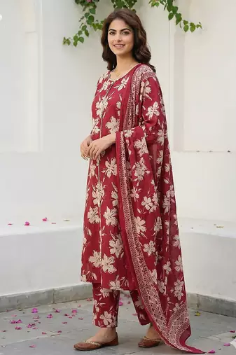 red and beige pure cotton straight regular kurta set