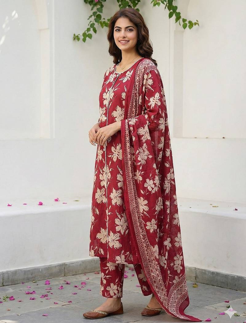 Anouk red and beige pure cotton straight regular kurta set