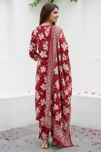red and beige pure cotton straight regular kurta set