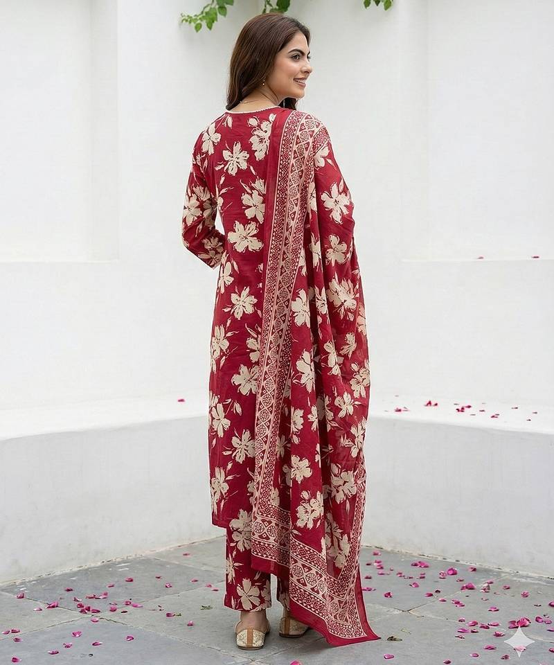 Anouk red and beige pure cotton straight regular kurta set