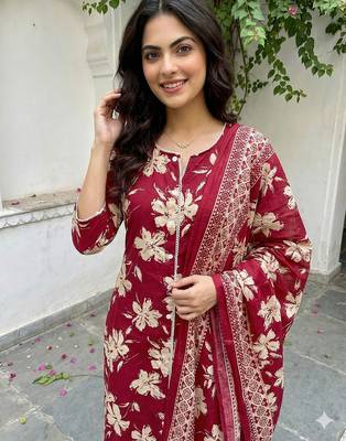 red and beige pure cotton straight regular kurta set 4