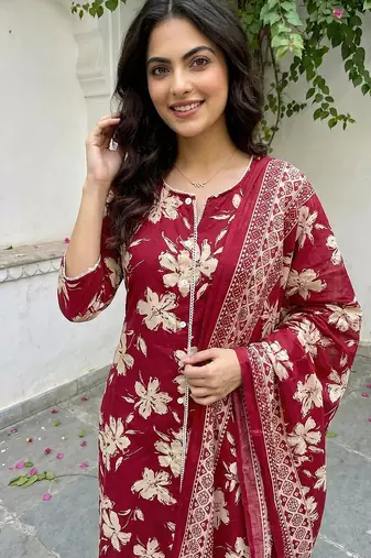 red and beige pure cotton straight regular kurta set