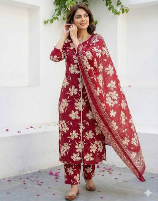 red and beige pure cotton straight regular kurta set 5