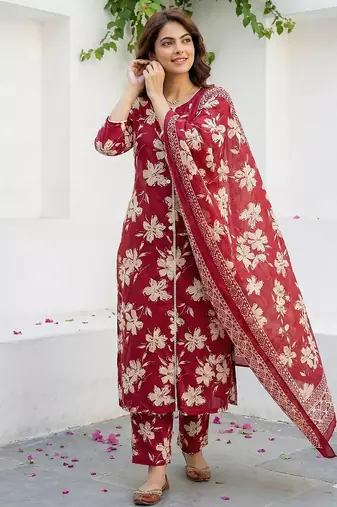 red and beige pure cotton straight regular kurta set