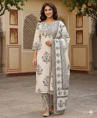 grey and off white pure cotton straight regular kurta set 1