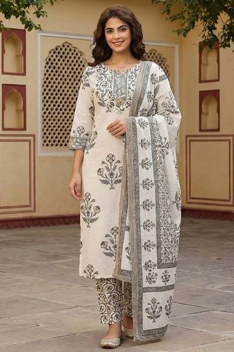 Anouk grey and off white pure cotton straight regular kurta set
